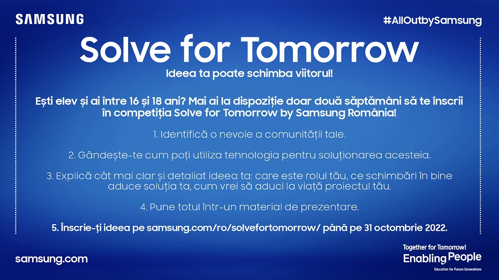 Elevii de liceu se pot înscrie la Samsung Solve For Tomorrow până pe 31 octombrie