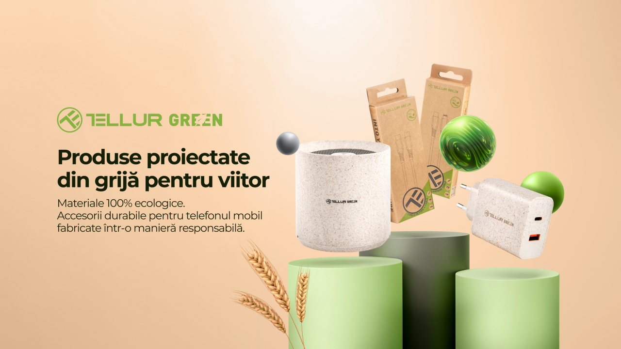 Tellur, accesorii telecom produse din fibră de grâu și plastic reciclat